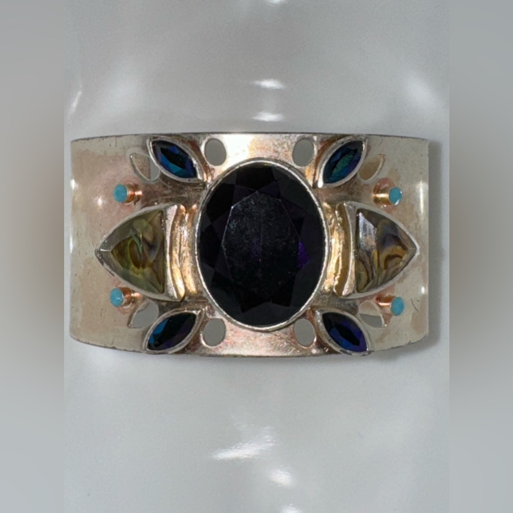 Signed KCR Silver Metal Stone Cuff